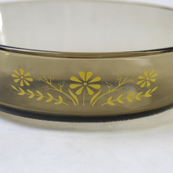 Vintage Glasbake Smoked Amber Casserole Dish Yellow Daisy 11" Long