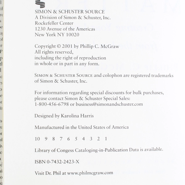 Self Matters by Phillip C McGraw (Dr Phil) 2001 Hardcover Dust Jacket 1st Ed