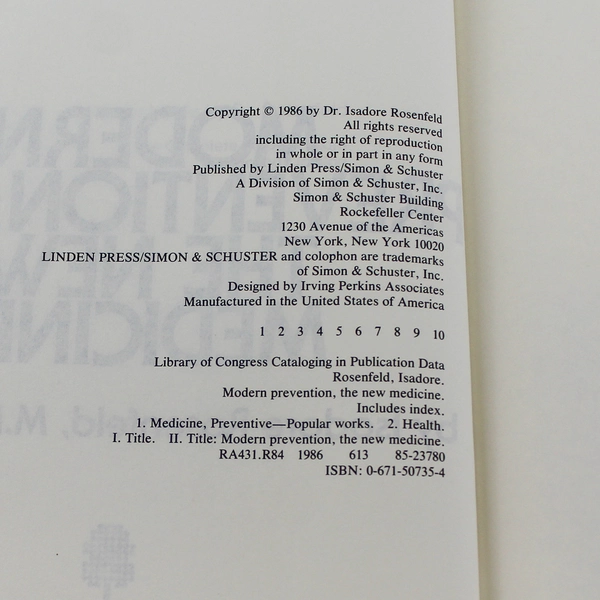 Modern Prevention: The New Medicine by Isadore Rosenfeld 1986 Hardcover