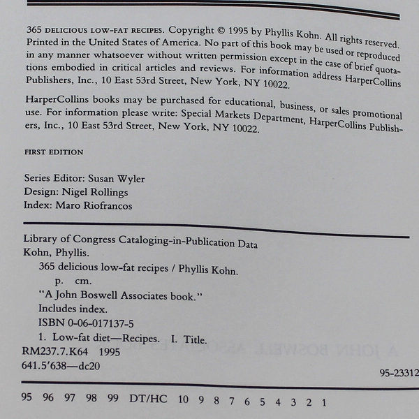 365 Delicious Low-Fat Recipes by Phyllis Kohn Hardcover Cookbook 1st Ed.