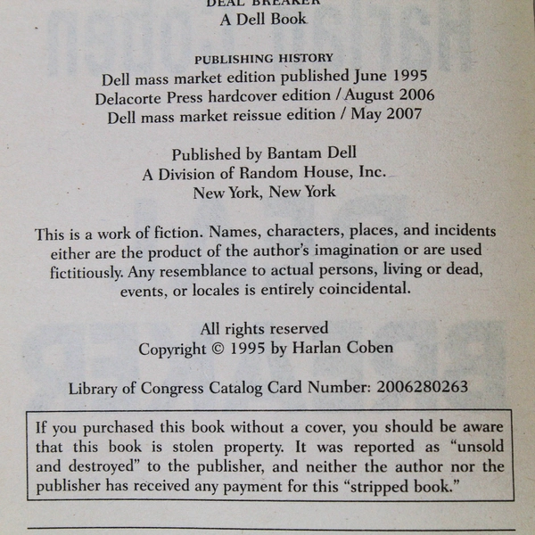 Harlan Coben Deal Breaker Myron Bolitar Novel 1995 Paperback Book