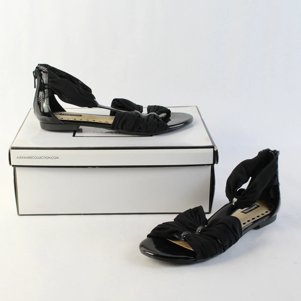 Alex Marie Black Leather/Fabric Strappy Dressy Sandal Almond Women Size 7.5M