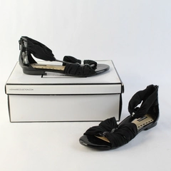 Alex Marie Black Leather/Fabric Strappy Dressy Sandal Almond Women Size 7.5M