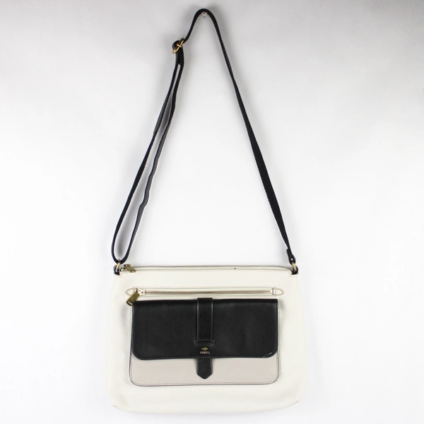 Fossil Black and White Faux Leather Crossbody Purse Gold Tone Hardware