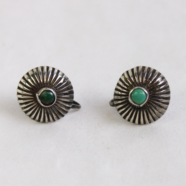 Vintage Round sterling Silver Screw Back Clip On Earrings With Gemstone Centers
