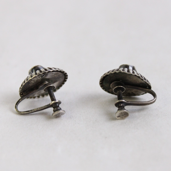 Vintage Round sterling Silver Screw Back Clip On Earrings With Gemstone Centers