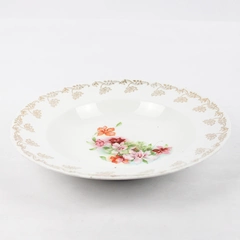 La Francaise Bowl Ceramic Gold Trim Floral Scalloped Edge 9.5" Diameter