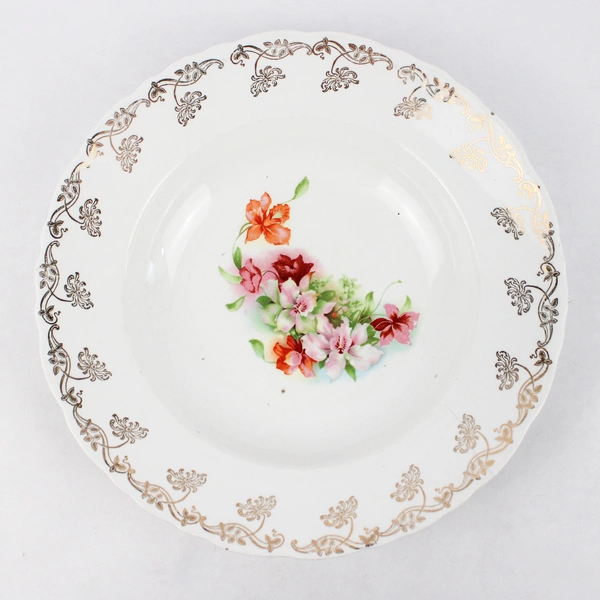 La Francaise Bowl Ceramic Gold Trim Floral Scalloped Edge 9.5" Diameter