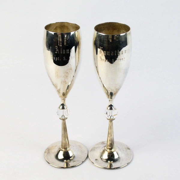 Vintage Silver Plate Champagne Flutes Engraved Jonathan and Alane With A Date