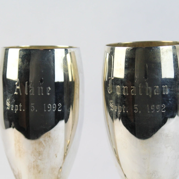Vintage Silver Plate Champagne Flutes Engraved Jonathan and Alane With A Date