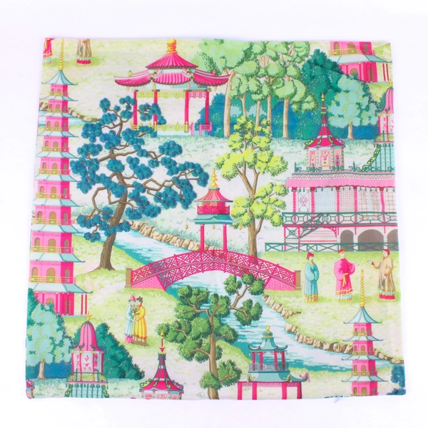 Multicolor Asian Pagoda Design Square Throw Pillow Cover 17" x 17"