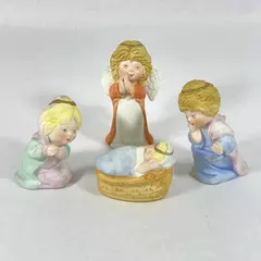 Vintage Set of 3 Ceramic Angel Figurines Praying Over Baby Jesus