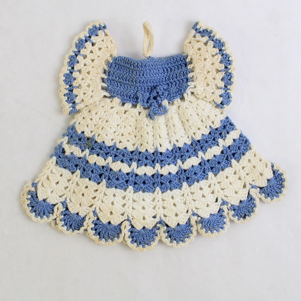 Vintage Hand Crocheted Doll Dress Wall Hanger Blue and White