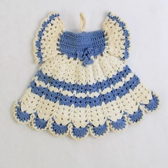 Vintage Hand Crocheted Doll Dress Wall Hanger Blue and White