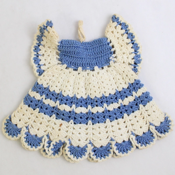 Vintage Hand Crocheted Doll Dress Wall Hanger Blue and White