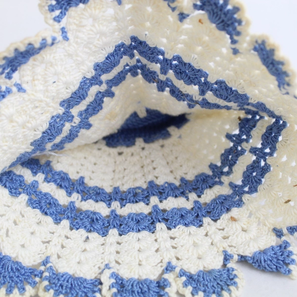 Vintage Hand Crocheted Doll Dress Wall Hanger Blue and White