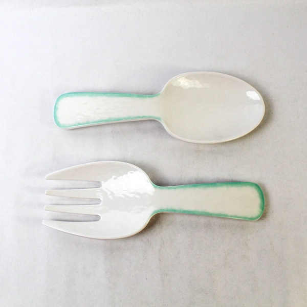 Laurie Gates Salad Server Tray Set Spoon & Fork White Teal Trim 10.5"