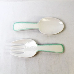 Laurie Gates Salad Server Tray Set Spoon & Fork White Teal Trim 10.5"