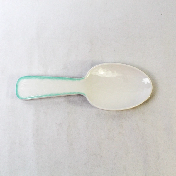 Laurie Gates Salad Server Tray Set Spoon & Fork White Teal Trim 10.5"