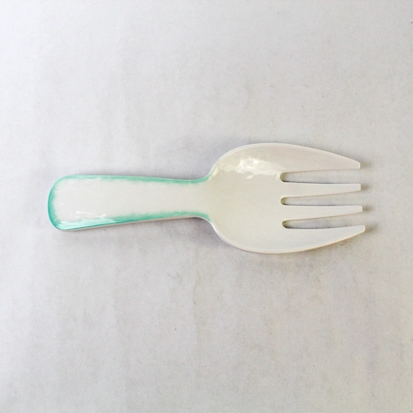 Laurie Gates Salad Server Tray Set Spoon & Fork White Teal Trim 10.5"