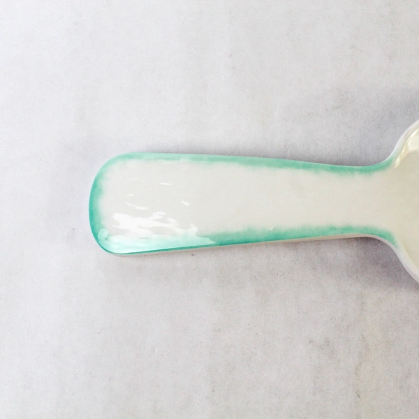 Laurie Gates Salad Server Tray Set Spoon & Fork White Teal Trim 10.5"