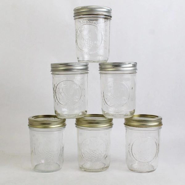 Lot of 6 Ball Fruit Embossed Clear Glass Canning Jars Preserves