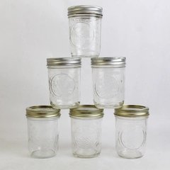 Lot of 6 Ball Fruit Embossed Clear Glass Canning Jars Preserves