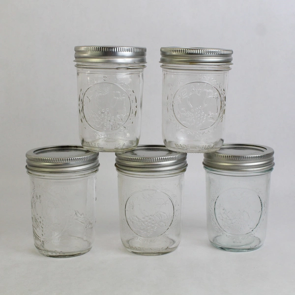 Lot of 5 Ball Fruit Embossed Clear Glass Canning Jars Preserves with Lids