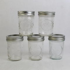 Lot of 5 Ball Fruit Embossed Clear Glass Canning Jars Preserves with Lids