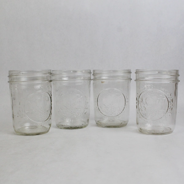Lot of 5 Ball Fruit Embossed Clear Glass Canning Jars Preserves with Lids