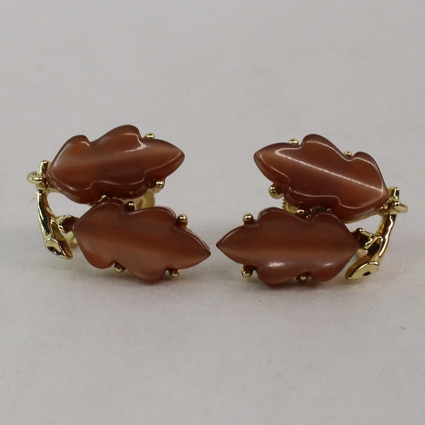 Vintage Lisner Gold Tone Clip On Earrings With Brown Lucite Leaves