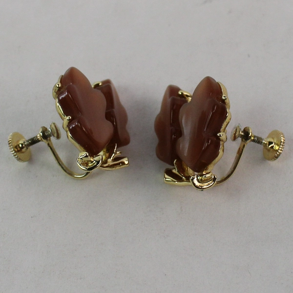 Vintage Lisner Gold Tone Clip On Earrings With Brown Lucite Leaves