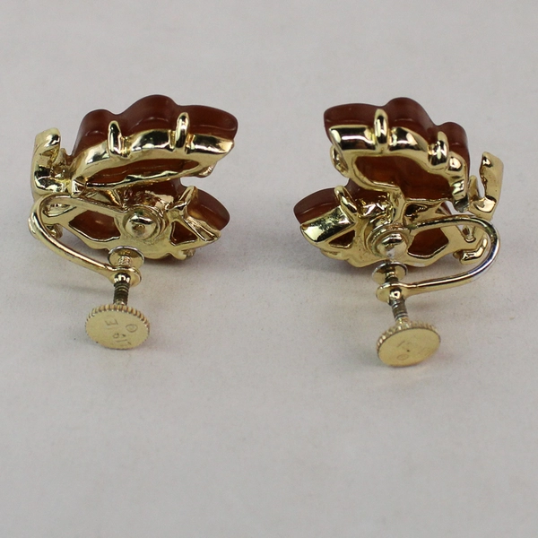 Vintage Lisner Gold Tone Clip On Earrings With Brown Lucite Leaves