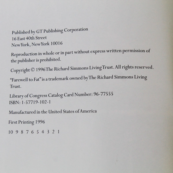Richard Simmons Farewell to Fat Cookbook 1996 Hardcover - Pre-owned