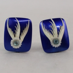 Vtg Rectangular Blue Plastic Clip On Earrings White Feathers Blue Rhinestone