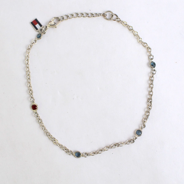 Tommy Hilfiger Silver Chain Bracelet with Blue Red Rhinestones 10" Adjustable