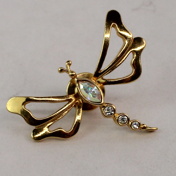 Vintage Avon Crystal And Rhinestone Gold Tone Dragonfly Pin