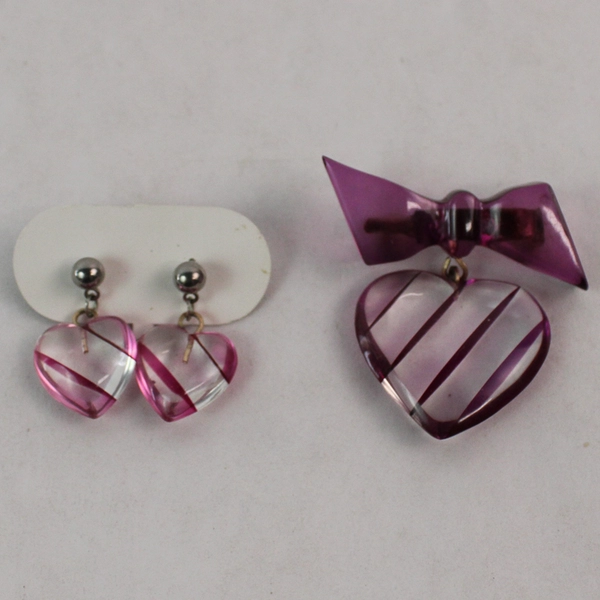 Vintage Acrylic Lavender Heart With Bow Brooch With Matching Heart Stud Earrings