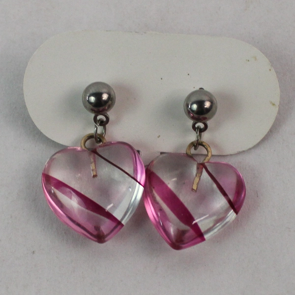 Vintage Acrylic Lavender Heart With Bow Brooch With Matching Heart Stud Earrings