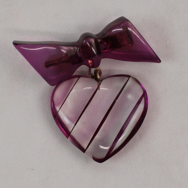 Vintage Acrylic Lavender Heart With Bow Brooch With Matching Heart Stud Earrings