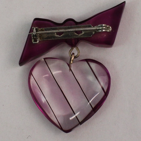 Vintage Acrylic Lavender Heart With Bow Brooch With Matching Heart Stud Earrings