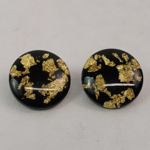 Vintage Black Acrylic Round Clip On Earrings With Gold Leaf