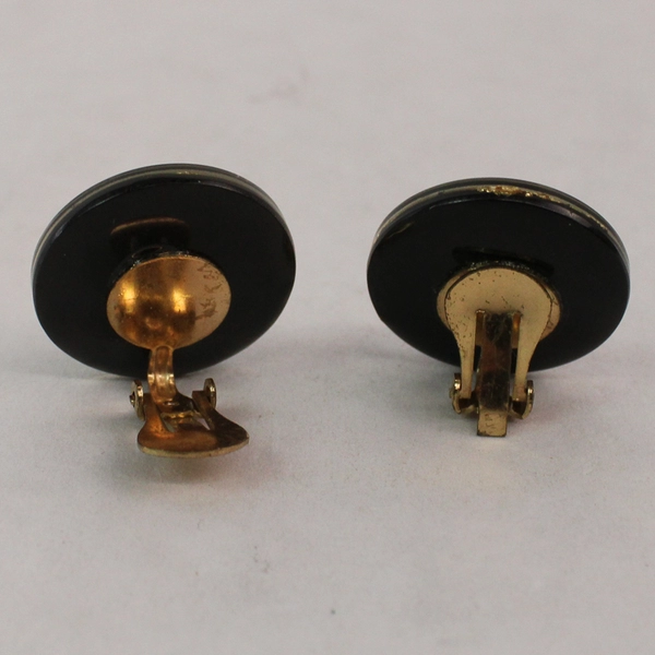 Vintage Black Acrylic Round Clip On Earrings With Gold Leaf