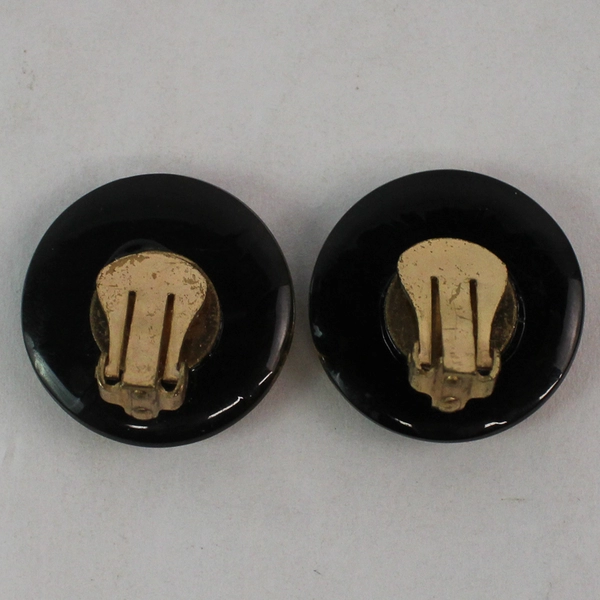 Vintage Black Acrylic Round Clip On Earrings With Gold Leaf