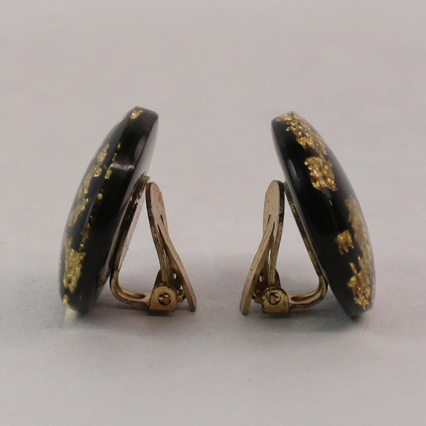 Vintage Black Acrylic Round Clip On Earrings With Gold Leaf