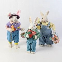 3 Piece Set of Resin Bunny Figurines Papier Mache Clothing Mom w/ Baby Dad Son