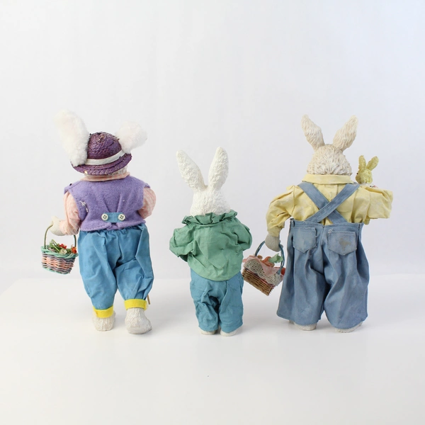 3 Piece Set of Resin Bunny Figurines Papier Mache Clothing Mom w/ Baby Dad Son