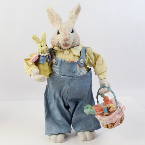 3 Piece Set of Resin Bunny Figurines Papier Mache Clothing Mom w/ Baby Dad Son