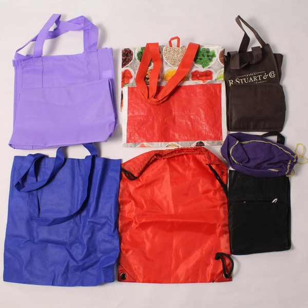 Lot of 7 Varying Brands 6 Reusable Shopping Totes and 1 Draw String Backpack 