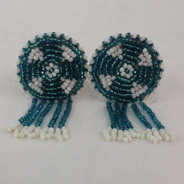 Vtg Handmade Bead And Leather Clip On Earrings Blue White